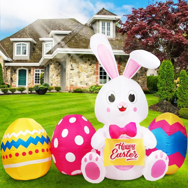 Holiday Inflatable Bunny Silhouette, Patterned Eggs, Internal Illumination