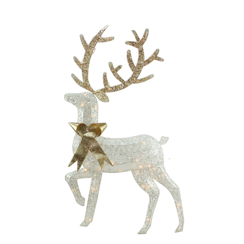 Holiday Reindeer Decoration Silver Glitter Pinecone Accents