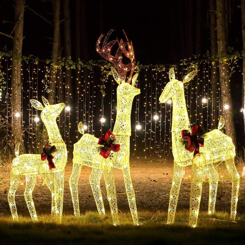 Holiday Reindeer Set Cool White LED Wireframe Mesh Trio