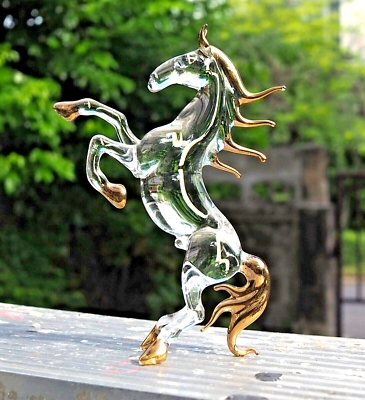 Horse Figurine, Hand Blown with Gold Trim, Rearing Pose