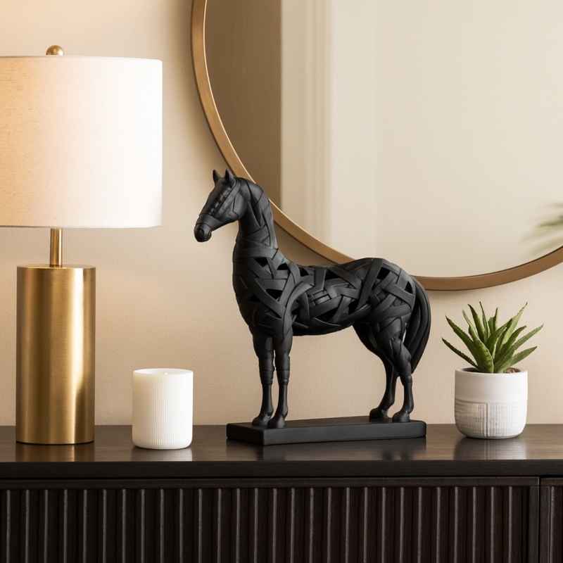 Horse Sculpture Bowed Head Stylized Matte Black Minimalist Equestrian