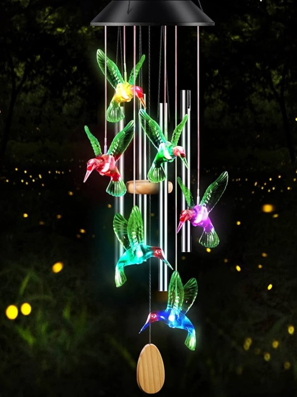 Hummingbird Motif Wind Chime with Integrated Solar Panel