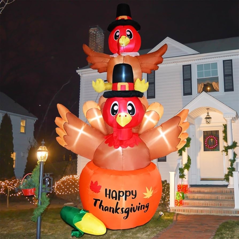 Illuminated Holiday Inflatable Turkey On Giant Pumpkin Decoration