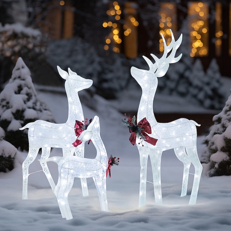 Illuminated Reindeer Yard Display with White Wireframe and Red Bow
