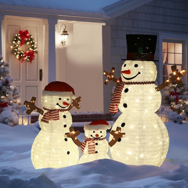 Illuminated Snowman Family Yard Display, Tiered Mesh Figures