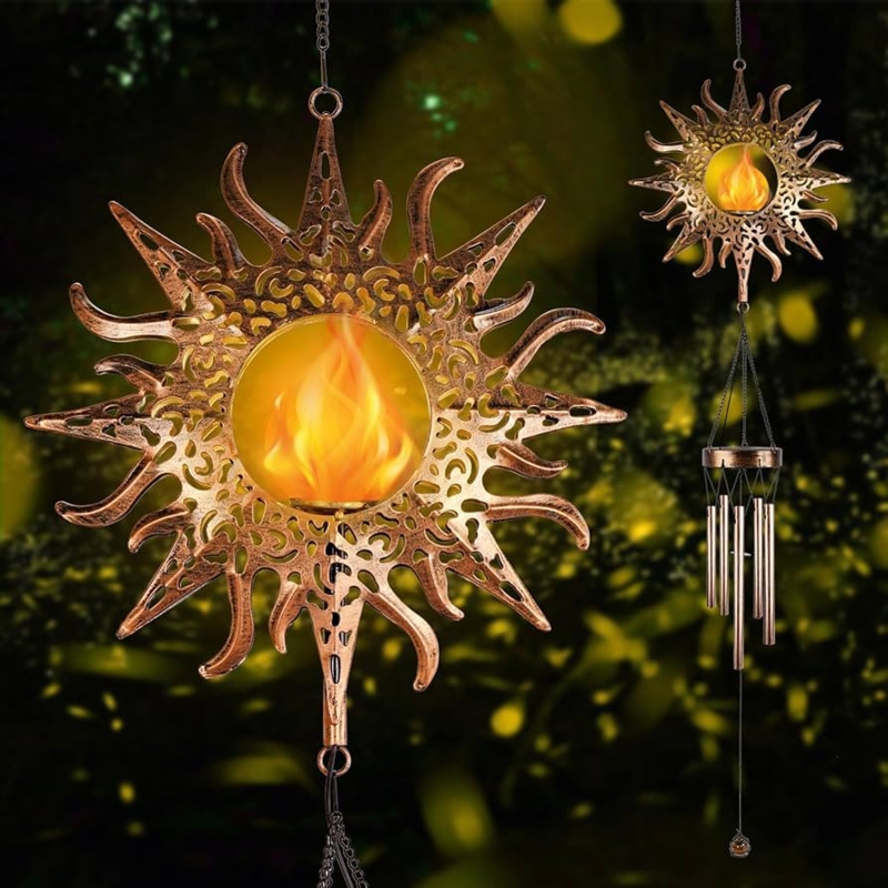 Illuminated Sun Face Wind Chime with Integrated Solar Lighting