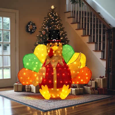 Illuminated Turkey Decoration 4.5 Foot Height Lighted Sculpture Tail
