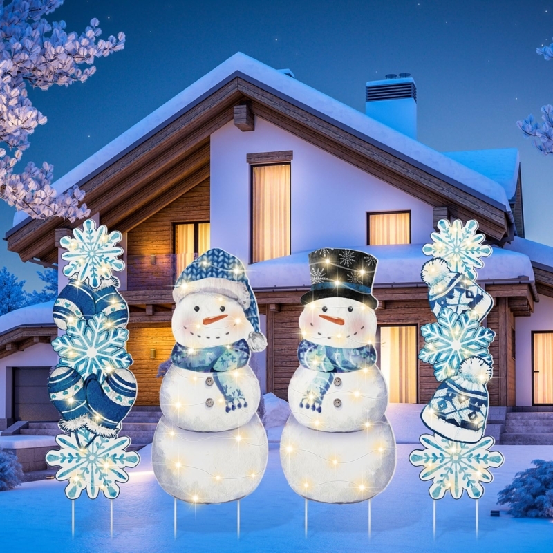 Illuminated Yard Signs Set, Snowman and Snowflake Stakes