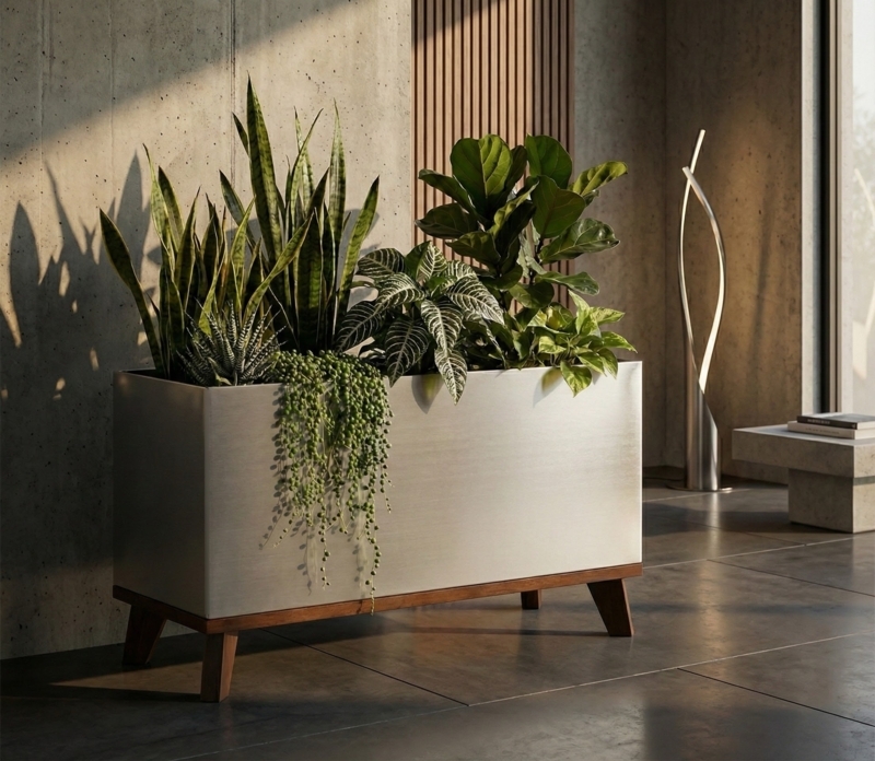 Indoor Planter on Raised Wooden Stand, Brushed Metallic Box