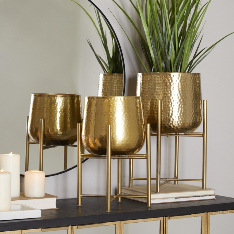 Indoor Planter Set Hammered Metal with Tripod Stands Contemporary