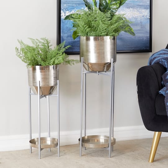 Indoor Planter Set Removable Stand Rounded Base Brushed Silver Metal