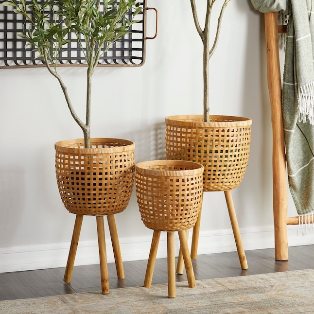 Indoor Planter Set with Woven Bamboo and Metal Tripod Legs