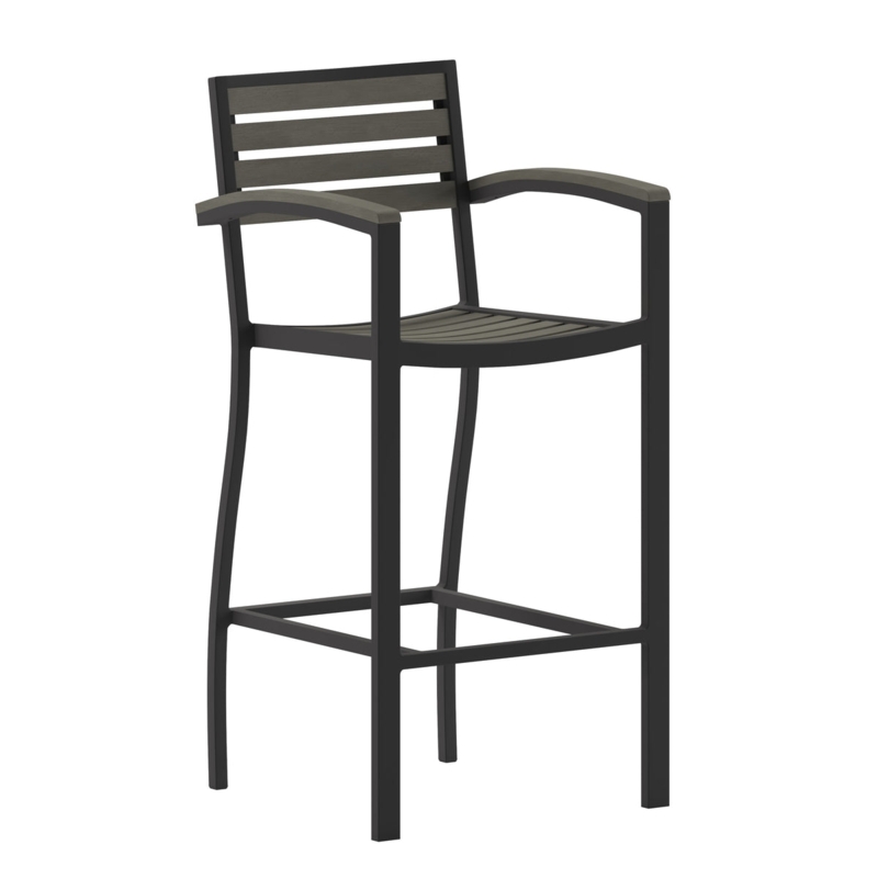 Industrial Bar Stool with Grey Wash Slats and Integrated Arms