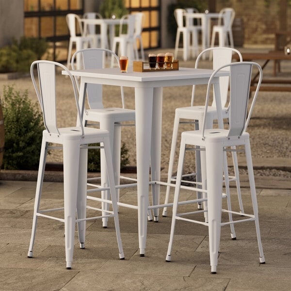 Industrial Bar Table Set Pearl White Metal Backless Stools