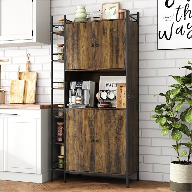 Industrial Brown Kitchen Pantry Cabinet with Side Gallery Shelves