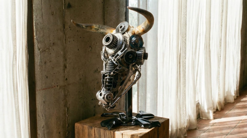 Industrial Bull Skull Sculpture Recycled Spark Plug Art