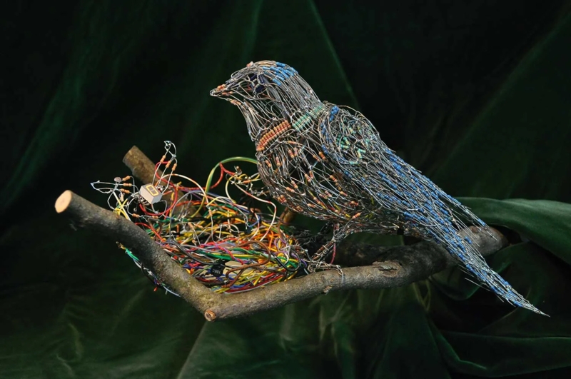 Industrial Circuit Board Bird Sculpture Green Tech Art Wire Legs