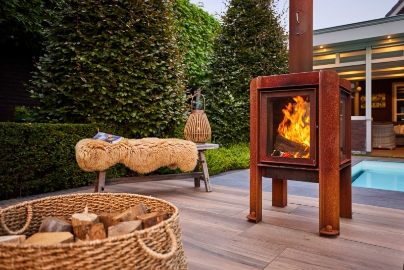 Industrial Corten Steel Fireplace with 4-Sided Glass