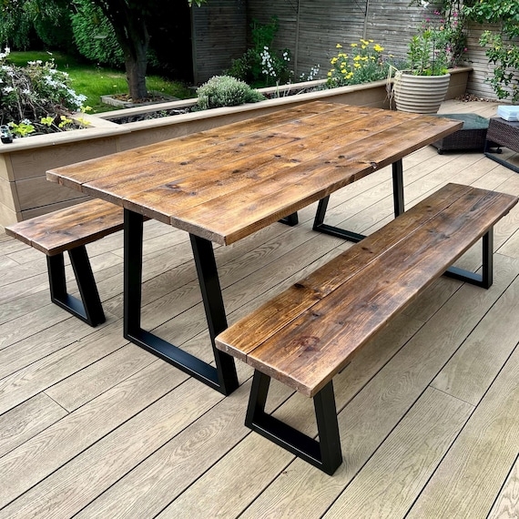 Industrial Dining Table with X-Frame Base, Thick Plank Top.