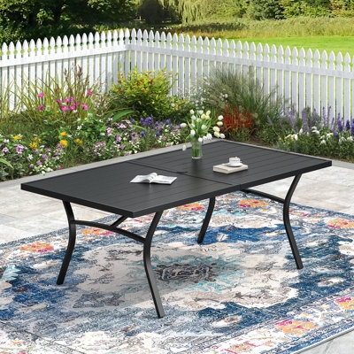 Industrial Metal Frame Deck Table with Weathered Gray Slatted Top