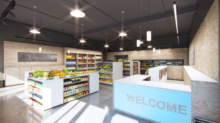 Industrial Retail Shelving with Slanted Wooden Produce Bins