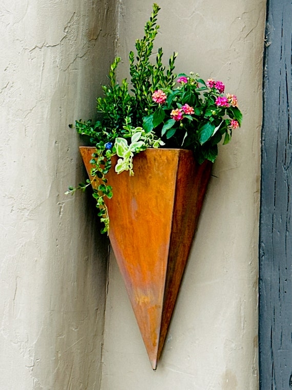 Industrial Triangular Wall Planter Rusted Patina Metal Geometric Decor