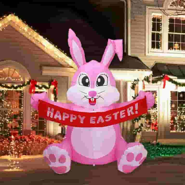 Inflatable Bunny Holding Happy Easter Banner Lawn Decoration