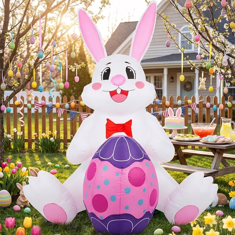 Inflatable Bunny Holding Large Decorated Egg Outdoor Decor