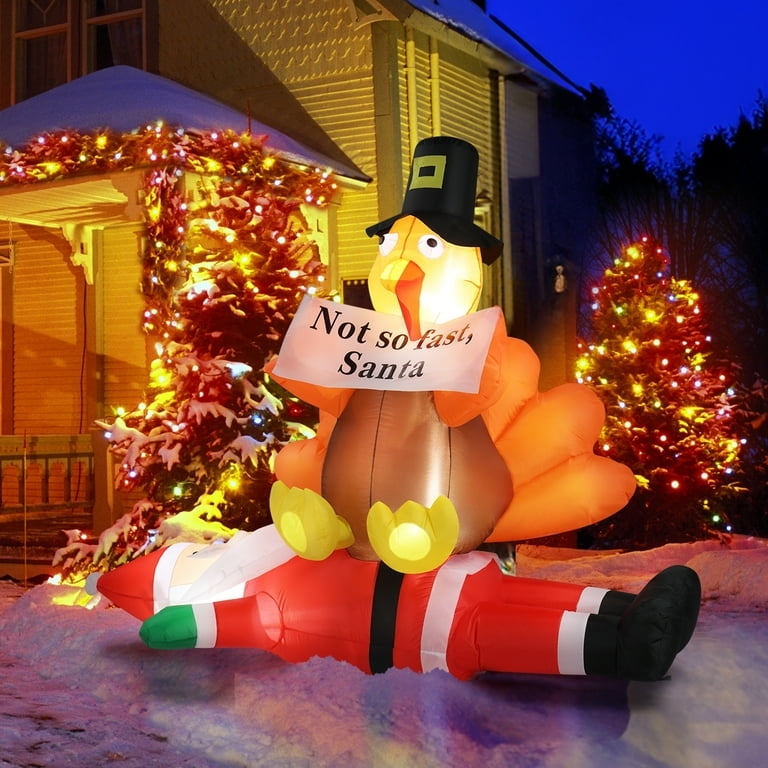 Inflatable Decoration 4.9ft Turkey Sitting On Santa Claus