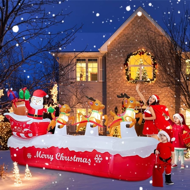 Inflatable Santa Sleigh 10 Ft, Cute Elks Reindeer LED Whimsical