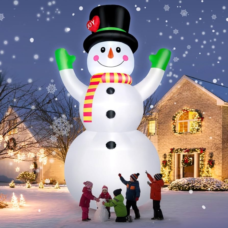 Inflatable Snowman 10 Ft Tall, Top Hat And Candy Cane LED Lit