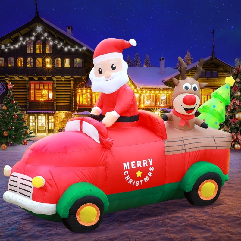 Inflatable Truck Red Vintage Style, Santa Snowman Penguin LED Lit