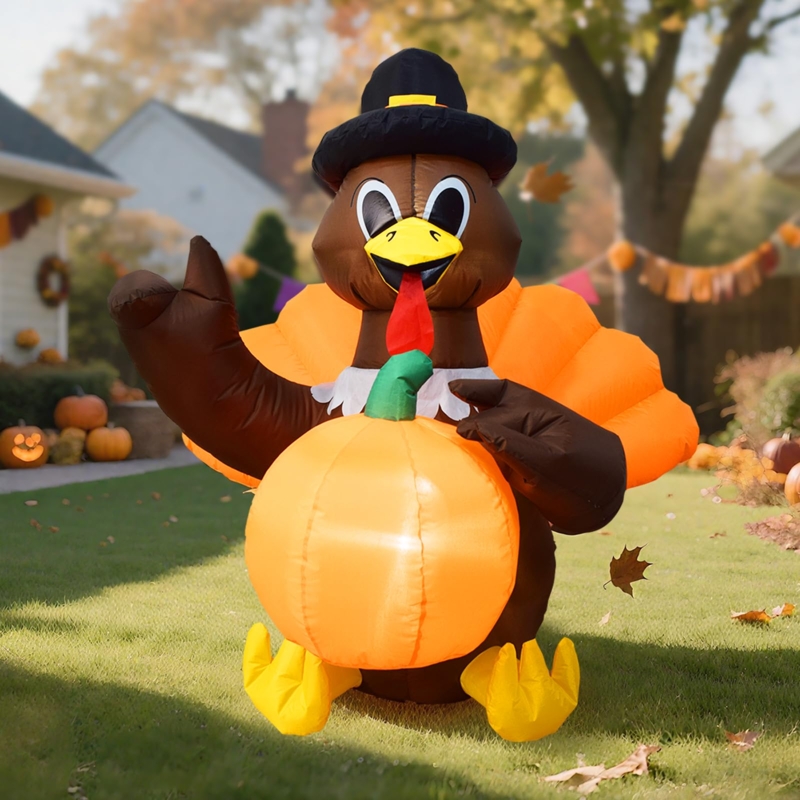 Inflatable Turkey, 4ft Pilgrim with Built-in LEDs & Fan Tail