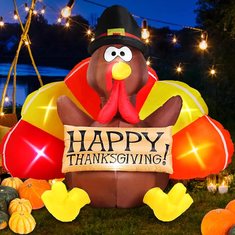 Inflatable Turkey 6ft Tall With Pilgrim Hat And Pumpkins