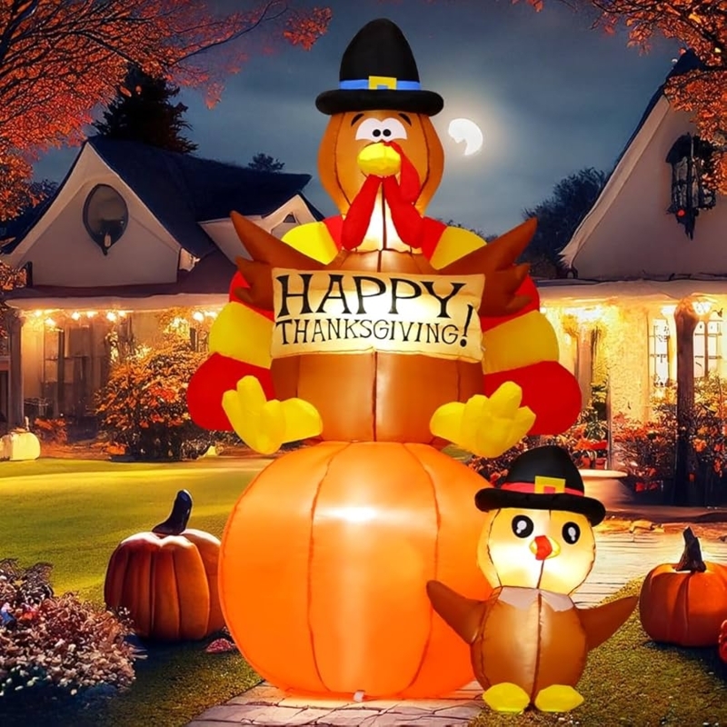 Inflatable Turkey With Baby Chick Stacked Design Six Foot Tall