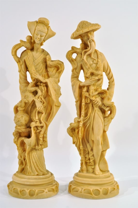 Ivory Toned Asian Sculpture Set, Matching Pair with Flowing Robes