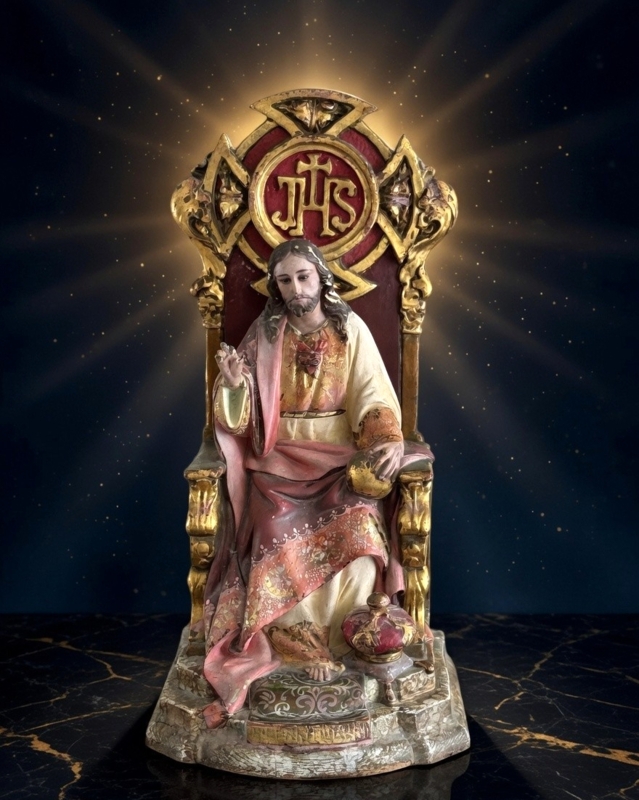 Jesus Christ Enthroned Statue, Vintage Catholic Sacred Heart Figurine