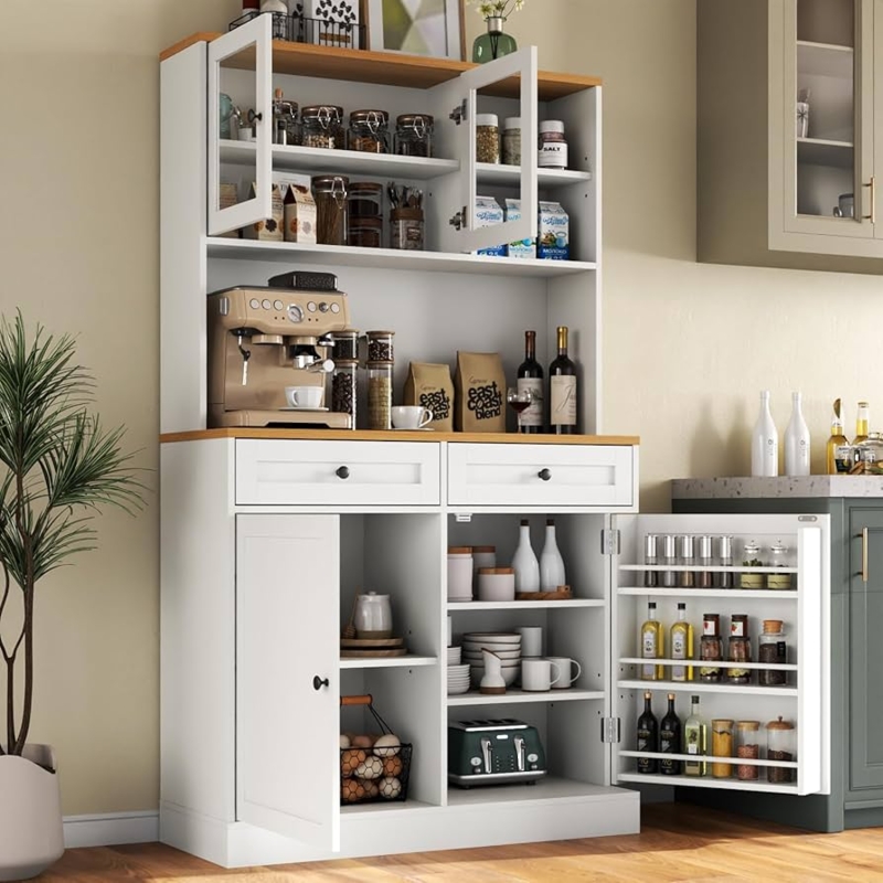 Kitchen Hutch White Microwave Niche and Glass Front Cabinets