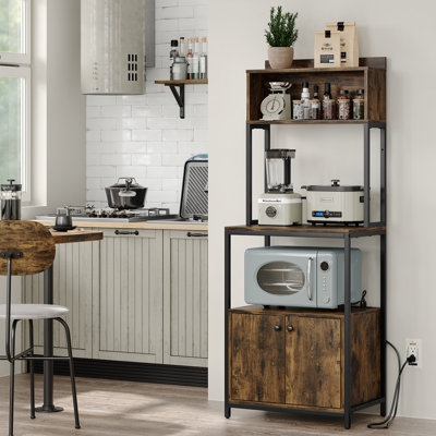Kitchen Pantry Brown Wood With Microwave Shelf And Power Outlet