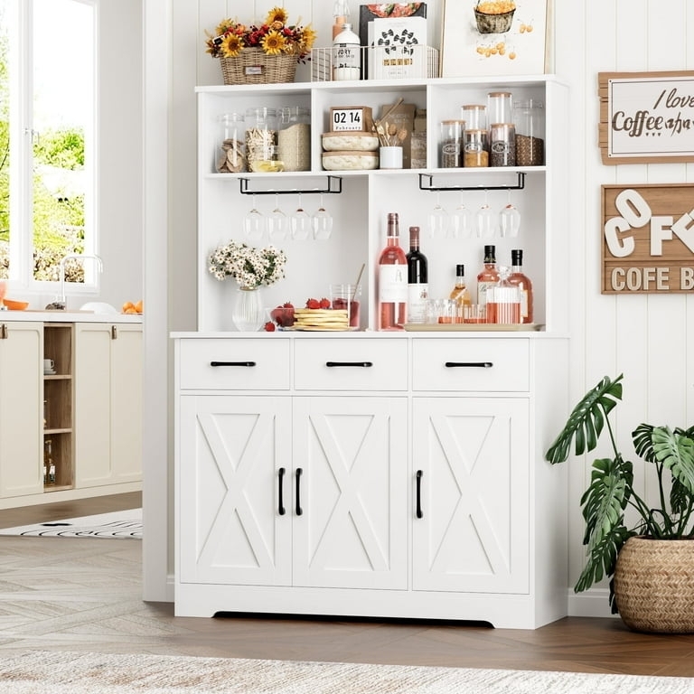 Kitchen Pantry Cabinet with Built-In Hutch, White Modern Farmhouse Style