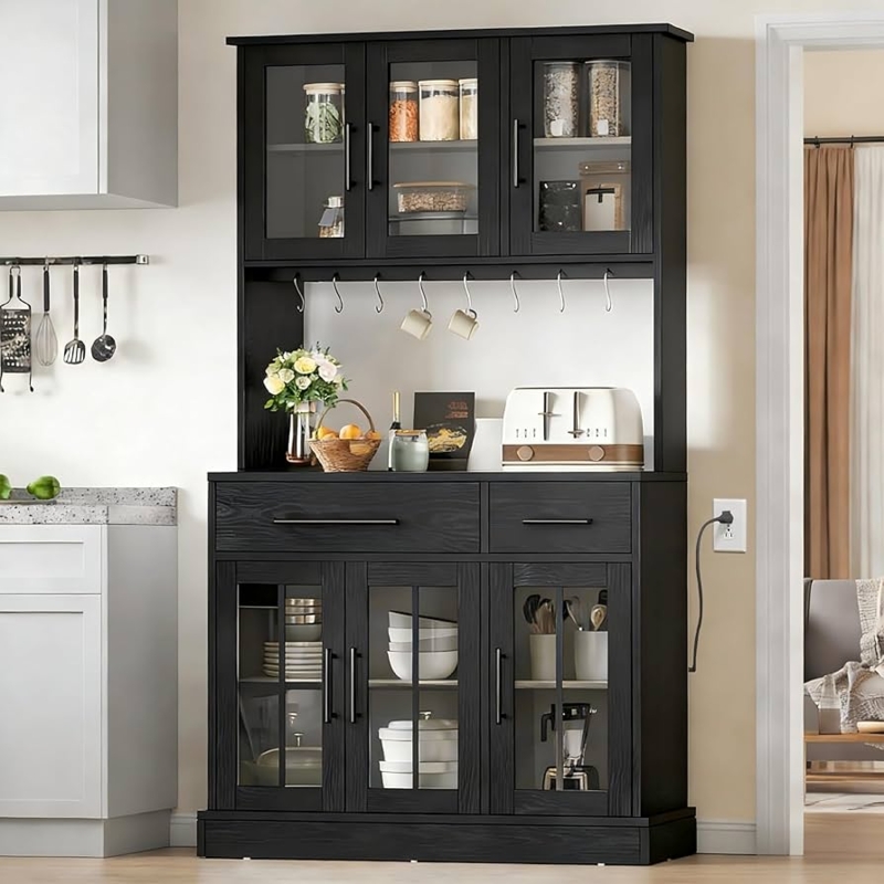 Kitchen Pantry Hutch, Matte Black Shaker, Microwave Stand and Glass Doors