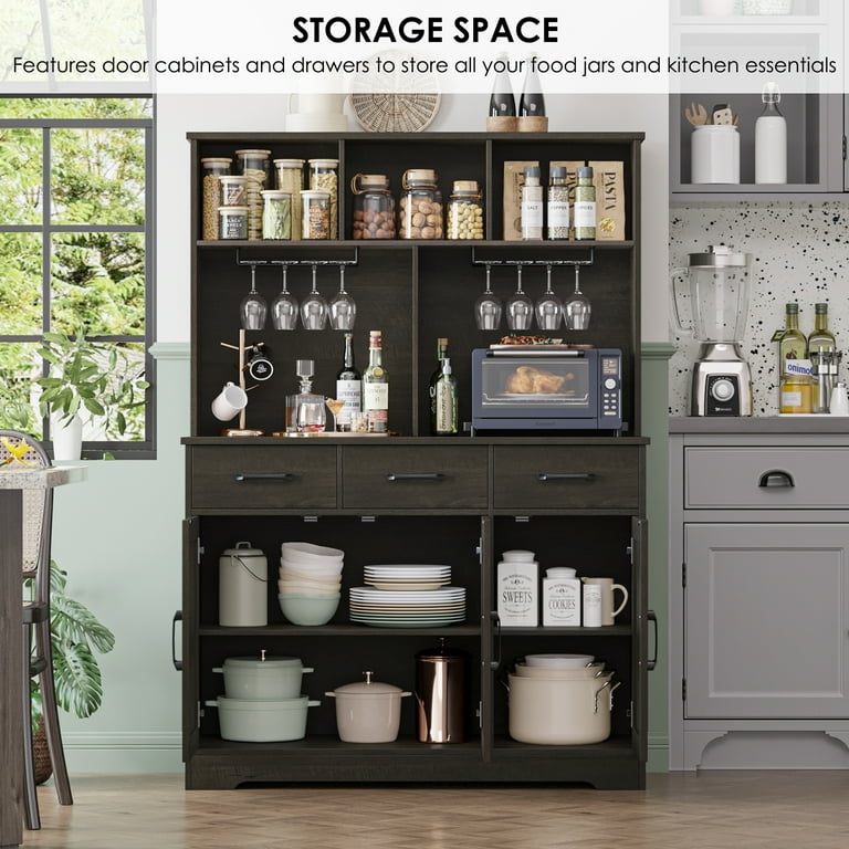 Kitchen Pantry Hutch with Coffee Bar Niche, Dark Brown Wood Finish