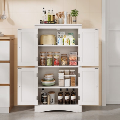 Kitchen Pantry in Navy Blue with Microwave Shelf and Gold Hardware