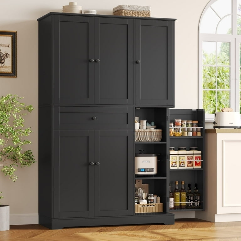 Kitchen Pantry, Matte Black Shaker with Door Mounted Racks, Spice Storage