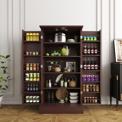Kitchen Pantry Narrow Brown Wood Toned Six Compartments