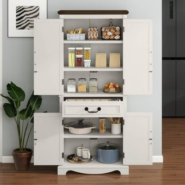 Kitchen Pantry, Rustic Wood Finish Four-Door Cabinet with Black Handles