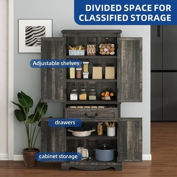 Kitchen Pantry, Rustic Wood-Toned X-Framed Doors, Central Open Shelving