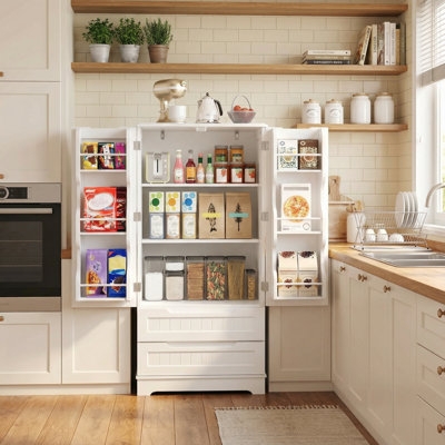 Kitchen Pantry Shutter Doors With Silver Cup Pulls And Drawers