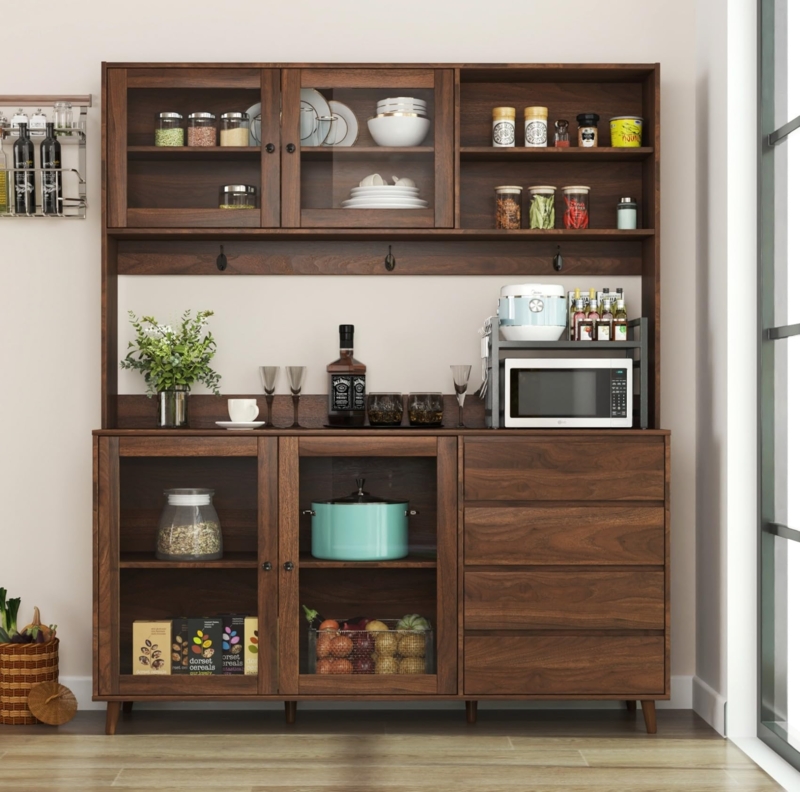Kitchen Pantry White Finish Microwave Shelf Glass Front Wood Top Hutch