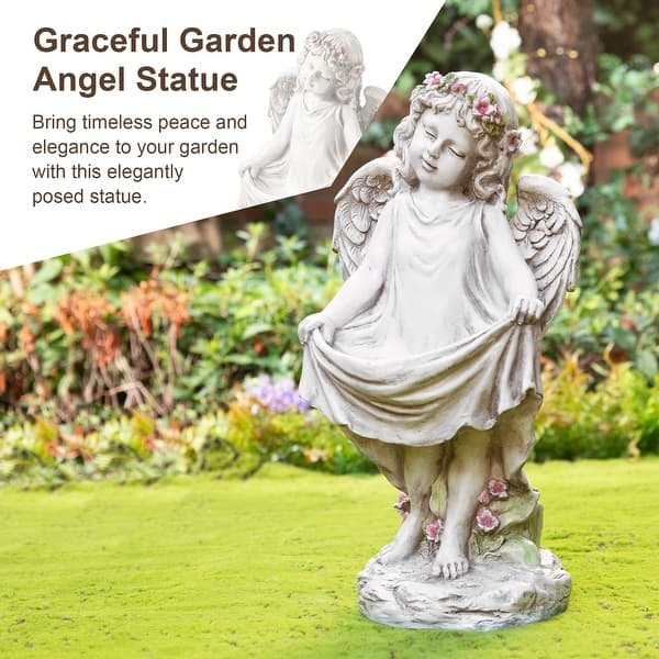 Kneeling Angel Garden Statue, Weathered Ivory Stone-Like Finish